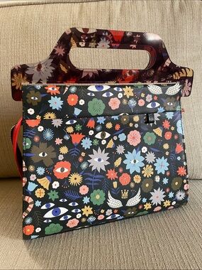 Min & Mon Vali Black Leather Floral & Eye-Print Satchel with Acrylic Handle